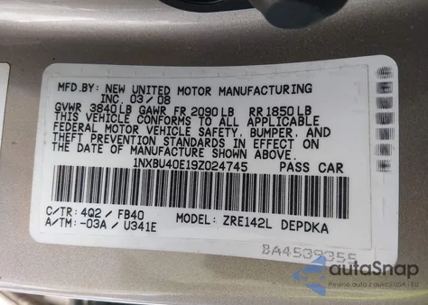 2009 Toyota Corolla Le из США, поврежденный, VIN 1NXBU40E19Z024745